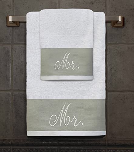 Premium Hotel & Spa Mr 2 Piece Towel Set - Perfect for Wedding, Anniversary, Engagement - 1 Bath and 1 Hand Towel 100% Cotton Luxurious Embroidered Soft and Highly Absorbent (White, Mr)