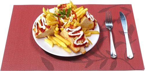 Image of Potency Table Mats Set of 6, Woven Placemats for Dining Table, Heat-Resistant, Stain-Resistant, Anti-Skid, Washable PVC Table Mats, Vinyl Placemats for Dining, Kitchen & Restaurant Table (C Red)