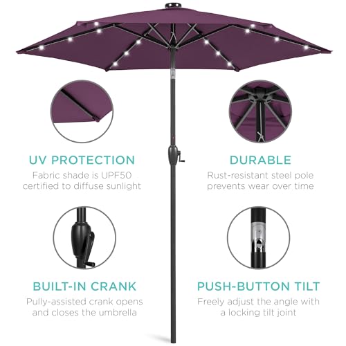 Image of Best Choice Products 7.5ft Solar Umbrella LED Lighted Patio Umbrella, Table Market Umbrella with Tilt and Crank, Outdoor Umbrella for Garden, Deck, Backyard, Pool and Beach - Amethyst Purple