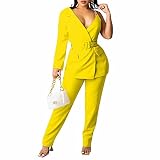 Women's Two Piece Button Long Sleeve Solid Asymmetrical Blazer and Elastic Waist Ombre Pant Set Suit