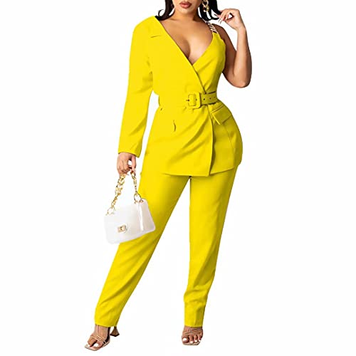 Women's Two Piece Button Long Sleeve Solid Asymmetrical Blazer And Elastic Waist Ombre Pant Set Suit Yellow L #TOP11