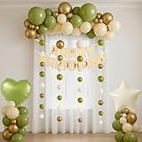 Sage Green Happy Birthday Party Decorations, 12' 10' 5' Sage Green Sand White Gold Balloon Arch kit with Happy Birthday Banner Shape Heart Balloons for Bridal Shower Birthday Party Decorations