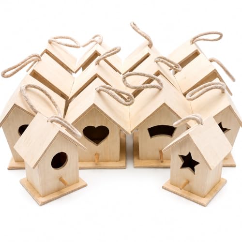 Oojami 12 Pack DIY Unfinished Wooden Birdhouses for Kids & Adults – Bulk Mini Bird House Craft Kit for Painting, Decorating & Hanging – Arts & Crafts Party Supplies, School, Camp, Classroom Activities
