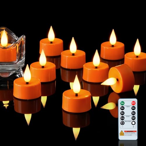 Amagic 12Pcs Halloween Timer Remote 3D Black Wick Tealights Candles, Orange