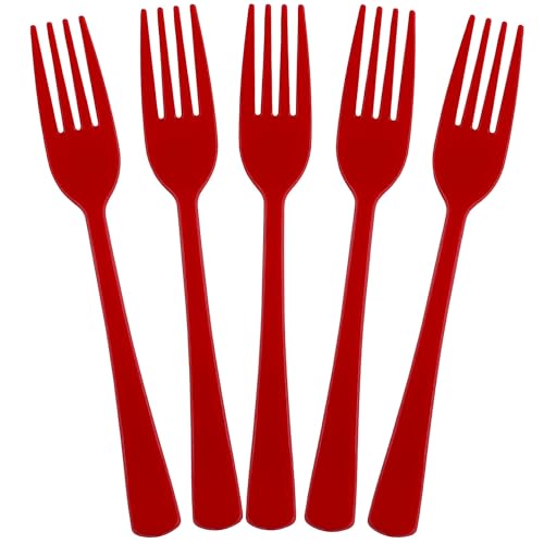 Kochorie 180 Pcs Red Plastic Forks Disposable Silverware Heavy Duty Plastic Cutlery Set Heat Resistant Durable Utensils Flatware for Party Wedding Birthday Supplies and Daily Use