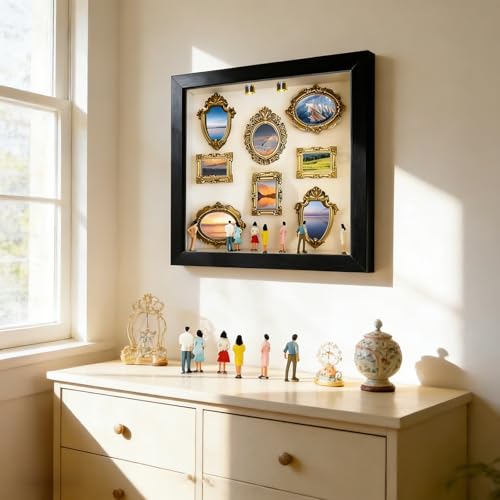DIY Mini Museum Silhouette Box, Foto Erinnerungsanzeige Set mit 8 Mini Goldene Rahmen & 8 Zufällig Figuren, Kreativer Bilderrahmen mit LED Licht, Idee für Jahrestag Geschenke Freunde
