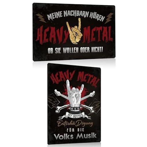 Juego de 2 letreros de chapa retro Heavy Metal 30 x 20 cm – Rock Music Metal Cartel con texto divertido – Mis vecinos escuchan Heavy Metal – Música folclórica – Cartel decorativo para pared regalo | Ya disponible en tu tienda friki favorita! En mundofriki.es!