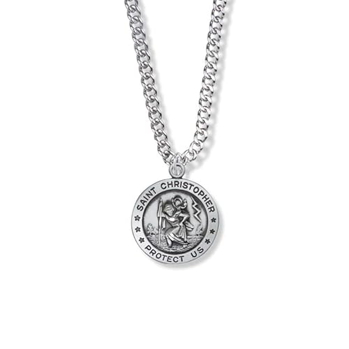EXTEL 7/8 Inch Sterling Silver Round St. Christopher Medal Pendant Charm, Patron Saint of Travelers for Men Women with 20 inch Stainless Steel Rhodium Plated Curb Chain