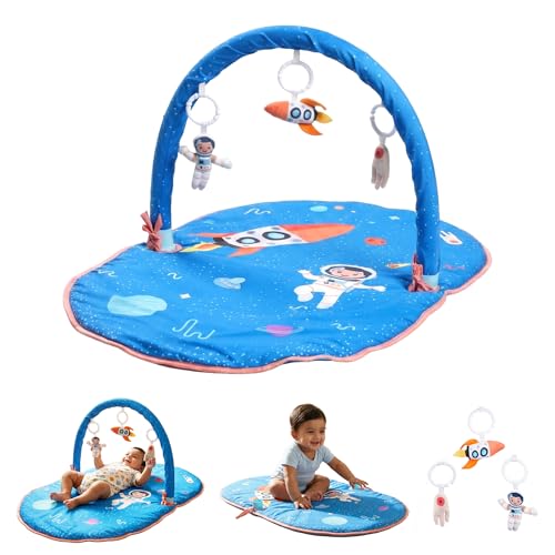 Image of Space Cubs Baby Play Gym & Activity Mat for Newborns | Tummy Time Play Mat with Hanging Sensory Toys, Mirror & Rattles Playgym for Infants