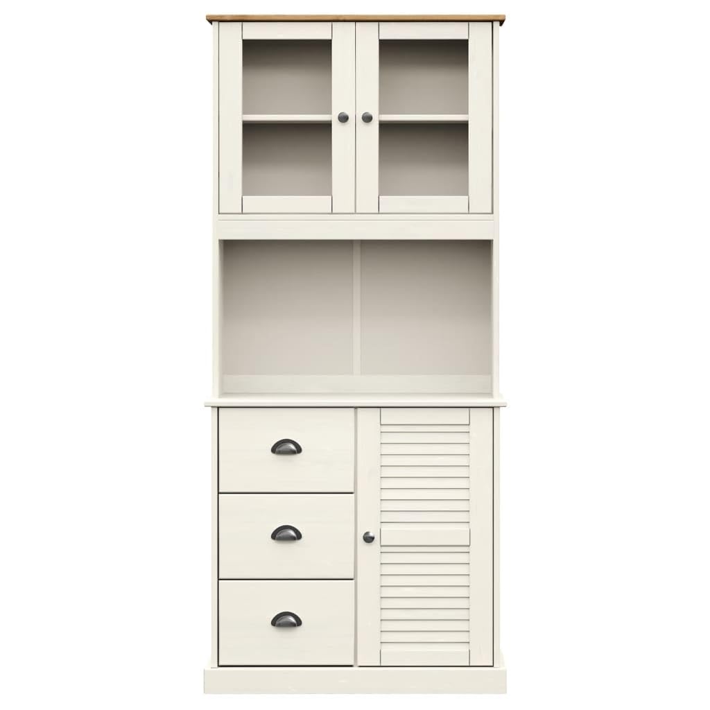 Tablero alto de madera maciza de pino con frentes de cristal y asas de metal. Elegante buffet de cocina con espacio para vajilla y decoración de madera de pino resistente