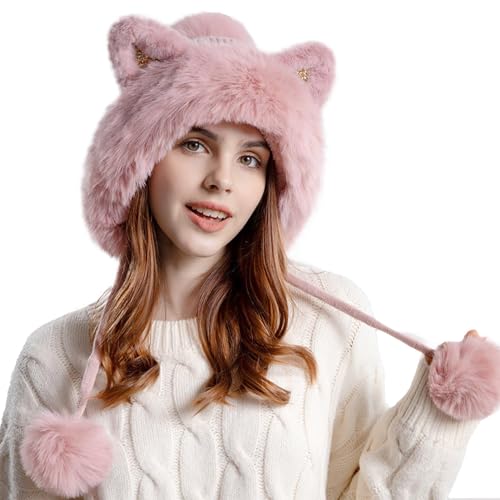 Fluffy Cat Ear Beanie Hats for Women Pompom Knit Skull Cap Winter Outdoor Warm Fleece Lined Earflaps Snow Hat