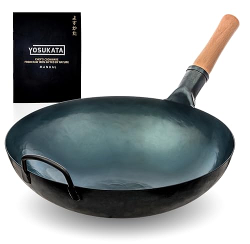 YOSUKATA Woks Et Poêles à Frire 36 cm À Fond Rond Pré-Assaisonné En Acier Carbone Bleu - Compatible Avec Les Cuisinières À Gaz Et Les Feux Ouverts, Barbecue Et...