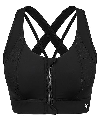 Yvette Sport BH Starker Halt Vorderverschluss Gekreuzt Rücken Große Größen für Laufen, Fitness, Schwarz, S