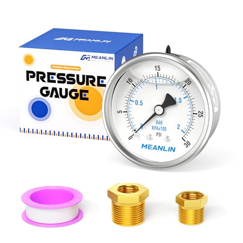 Image of MEANLIN MEASURE 0~30Psi Stainless Steel 1 /4 inch NPT 2.5 inch FACE DIAL Liquid Filled Pressure Gauge WOG Water Oil Air Center Back Mount, with 1 /2 inch NPT and 3 /8 inch NPT Hex Bushing