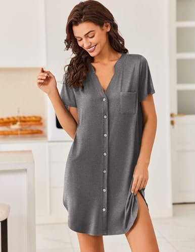 Image of Ekouaer Women V Neck Button Down Nightgown