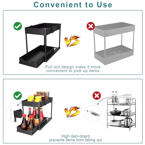 Image of E-COSMOS 2-Tier Under Sink Organizer - Pull Out Cabinet Storage with Hooks & Hanging Cup, Multi-Purpose Under Bathroom Sink Organizer and Storage, Kitchen Cabinet Organizer,(Black)