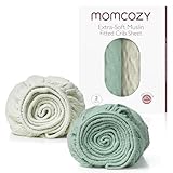 Momcozy Muslin Mini Crib Sheets Fitted - 38''x26'' Pack and Play Sheets for Pack N Play Mattress, 2 Pack Soft & Breathable Natural Cotton Non Slip Bed Cover for Boys, Girls, Grey Green