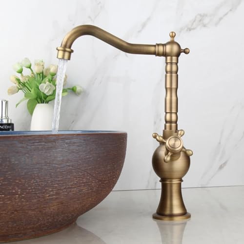 Grifo de latón antiguo retro LWX para lavabo de baño con diseño giratorio de 360 grados y dos manetas