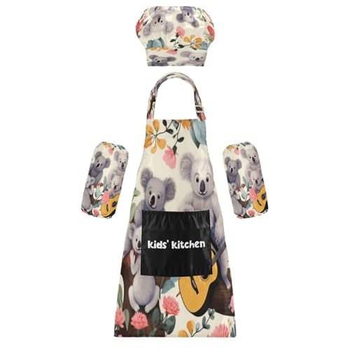 Bulletgxll Koalas and Flowers Kids Apron and Chef Hat Set Adjustable Bib Aprons with Pockets for Cooking Baking Painting