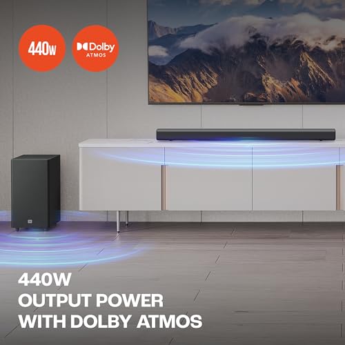 Image of JBL Cinema SB580 Deep Bass, Dolby Atmos Soundbar with Wireless Subwoofer for Extra Deep Bass, 3.1 Channel, Center channel for superior voice clarity, HDMI eARC, Bluetooth & Optical Connectivity (440W)