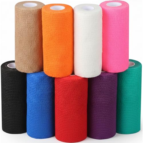 Image of Self Adhesive Bandage Wrap - Pack of 09 Assorted Colors, Non-Woven, Breathable & Water-Resistant Vet Wrap for First Aid, Sports Injury, Body Sprains, & Pets - 4 Inches
