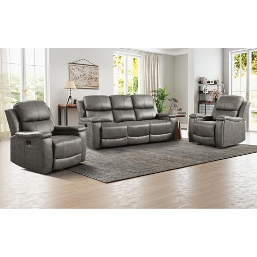 Image of CANMOV Faux Leather Manual Reclining Sofa Furniture Set, 2 Manual Recliner Chair and 3 Seat Recliner Sofa Couch Set for Living Room,Gray