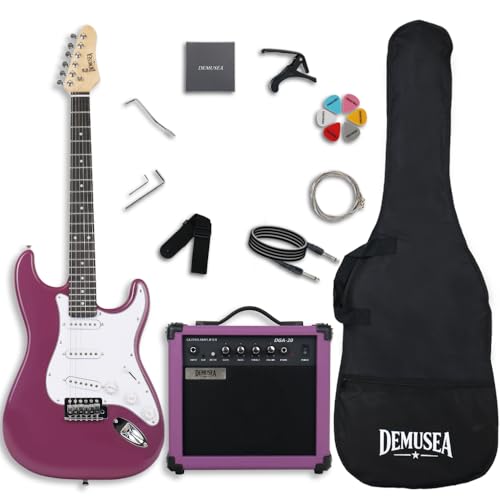 Demusea Purple Electric Guitar Kit And 20W Guitar Amp Full Size 39Inch Guitar SSS Pickup Single Tremolo Bridge Bag Noiseless Cable Capo Picks Strap Wrenches Strings Pack In (ST, Purple)