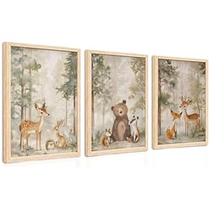 ICHZUMW Woodland Nursery Decor Wall Art Set of 3, Cute Forest Friend Animal Canvas Prints Bear Fox Deer Pictures, Nature Watercolor Paintings, Baby Room Kids Bedroom Playroom, Neutral Artwork 12x16in
