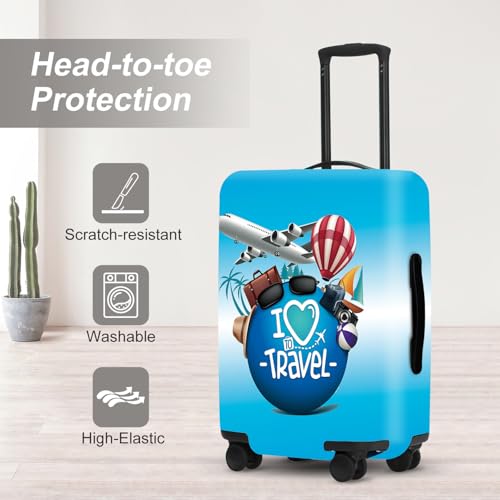 Image of inchI Love to Travel inch Luggage Cover Set, Adventure Themed Suitcase Protector with Passport Stamp Prints, Elastic Fit for 18-32 Inch Bags, Wanderlust Gifts for Couples
