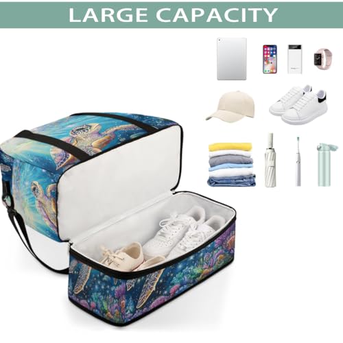 Foldable Carry On Bag for Travel, Expandable Duffle Bag with Shoe Compartment, Turtle Rainbow Ocean Lightweight Sports Gym Tote with Trolley Sleeve4