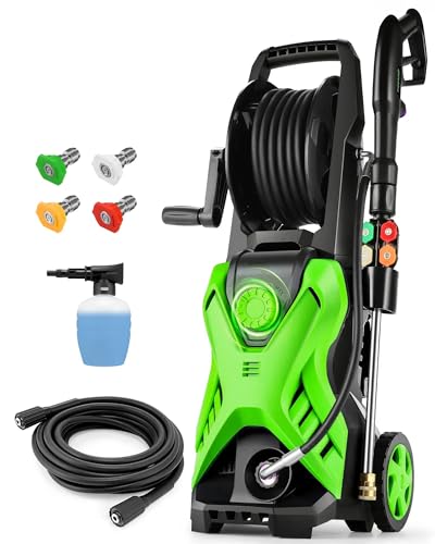 Electric Pressure Washer, 2.8 GPM High Power Washer Adjustable Pressure 2500PSI-5000PSI with 33FT Extension Hose Reel, 4 Nozzles and Soap Bottle for Cars/Fences/Driveways
