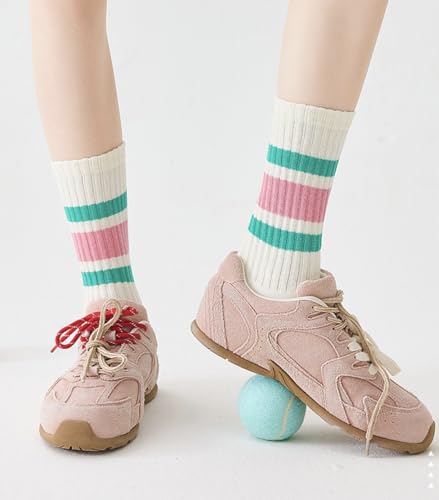 Image of 3 Pairs Women Striped Tube Socks Fun Novelty Cute Crew Socks Retro Sport Mid-Calf Socks for Women Grils