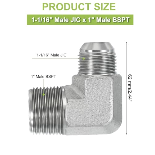 Image of PATIKIL 90 Degree Pipe Adapter, 1-1 /16 inch Male 37 Flare JIC x 1 inch BSPT Male Connector Carbon Steel Elbow Fitting for Air Hydraulic Fluid Fuel Water Oil, Silver