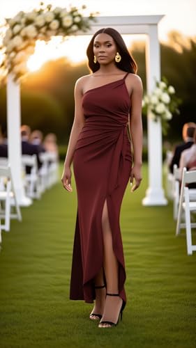 DeftSharp Women's Summer One-Shoulder Dresses Ruched Formal Wedding Guest Cocktail Evening Maxi Dress2