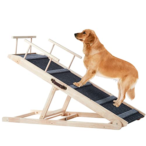 Goyappin Dog Ramps For Bed, Adjustable Dog Car Ramp, Wooden Pet Ramp For Large Small Dog, 6 Level Adjustable 16” To 26”, Pet Ramp With Safety Rails, Non-Slip Carpet Surface, For Bed, Couch And Car #TOP12