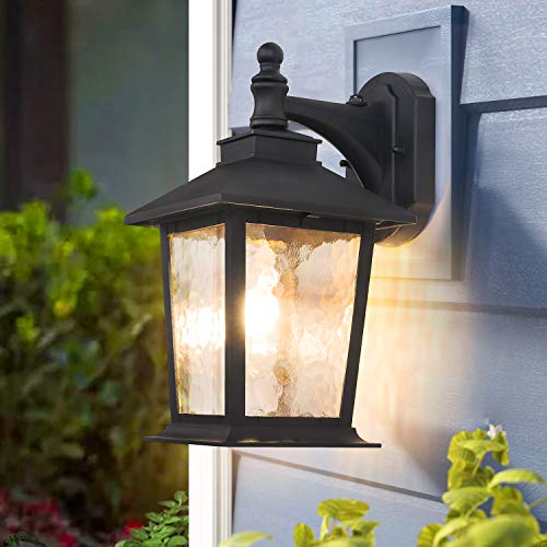WENFENG Outdoor Wall Light Fixtures with Dusk to Dawn Sensor, Anti-Rust Matte Black, Water Glass Shade, Exterior Mount Lantern for Porch, Garage, Patio