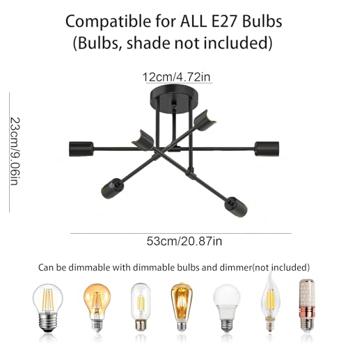 Chandelier Sputnik Ceiling Light, 6 Lights E27 Black Modern Chandelier, Semi-Flush Mount Ceiling Lamp Vintage Ceiling Lighting for Living Room, Bedroom, Dining Room, Kitchen(no shade no bulb) - Image 3