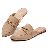 CicoMuin Buckle Mules for Women Khaki Pointed Toe Backless Flat Mules Slip on Slides Loafer Shoes