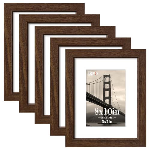 VCK 8x10 Picture Frame, Brown Wood, Real Glass, 5 Pack, Tabletop & Wall