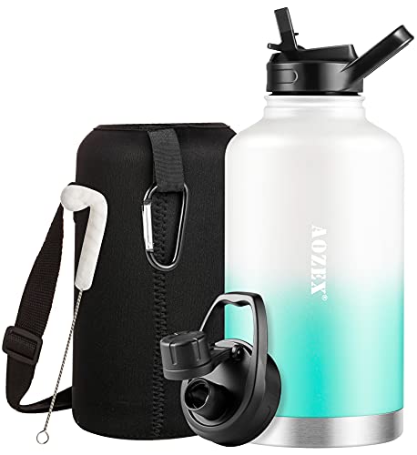 64 OZ Insulated Water Bottle With Straw, AOZEX Stainless Steel Half Gallon Large Water Bottle With Spout Lid, Double Wall 1/2 Gallon Metal Water Bottle Big Gym Sports Water Bottle Jug For Workout