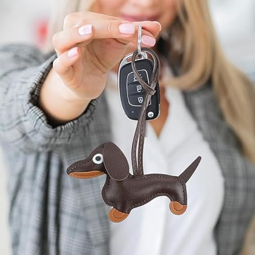 Image of 2 Bag Charms, Dachshund Leather Keychain for Handbags, Stylish Bag Accessories for Women, Cute Keychain for Girls, Matching Bag Charms in (Brown+Orange)