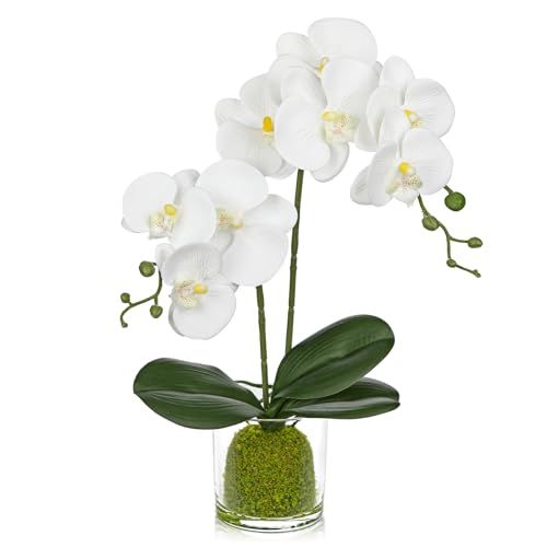 Flores artificiales de orquídeas artificiales decorativas como reales con tacto real, jarrón cuadrado de cristal Phalaenopsis para decoración de mesa, alféizar de ventana, altura 41 cm