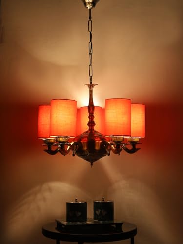 Image of Devansh 05 Lights Orange Round Cotton Shade with Antique Golden Chandelier
