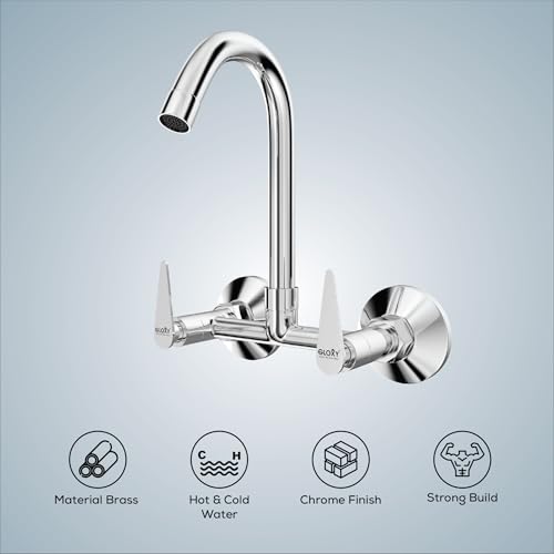 Image of Gloxy Premium Brass 2 in 1 Water Faucet with 360 Swivel Spout - Chrome Finished Wall Mount Hot & Cold Heavey Water Mixer Faucet with Riva Levers for Bathroom & Kitchen - 10 Years Warrenty