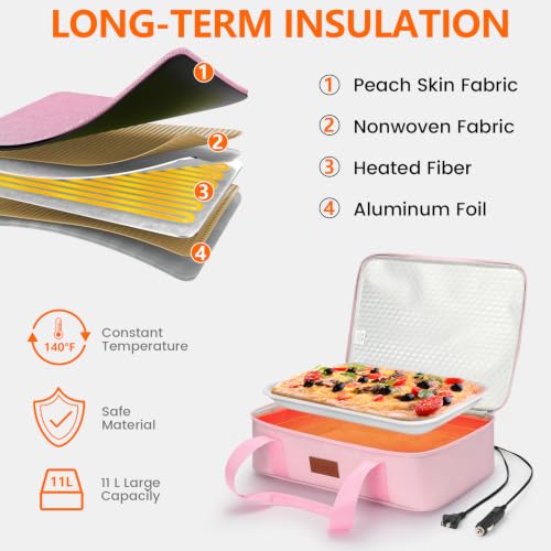 Image of Food Warmer Electric Casserole Carrier - Large Heated Lunch Bag for Car Truck,12V /24V /110V,Thermos for hot Food for Potluck Cookouts Parties Picnic,Lasagna Lugger,Fits 9 inchx13 inch Baking Pan (Pink)