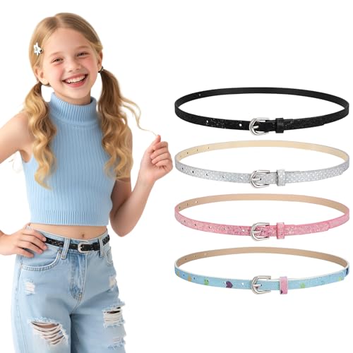 WERFORU Kids PU Leather Skinny Belt for Girls Boys Teen Child Thin Shiny Glitter Waist Belt for Jeans Dress