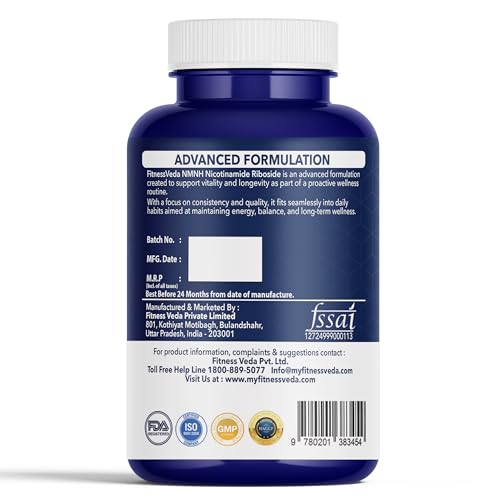 Image of Fitness Veda NMNH (Dihydronicotinamide Mononucleotide), NMN Alternative Supplement w /Nicotinamide Riboside (Vitamin B3), Quercetin, Trans-Resveratrol, Support NAD+, Skin Cell Health*, Anti-Aging & Energy, 120 Caps
