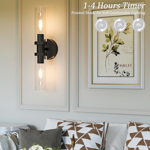 Image of Rayogale Black Wireless Battery Operated Wall Sconce with Remote Control | Dimmable Rechargeable Wall Lights Set of 2, Timer, No Hardwire, Touch Control, 8000mAh, 3000K, Glass, Emergency, 16.5 Inch
