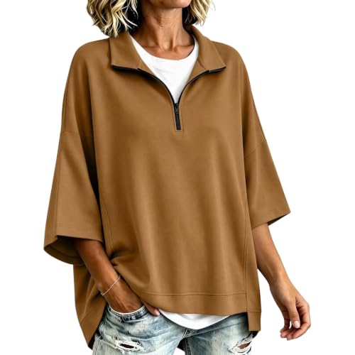 Women's Half Zip Collared Pullover Tops Sporty Loose Fit Casual Shirts