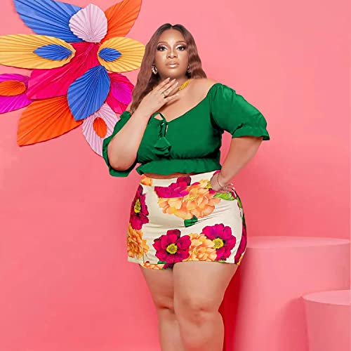 Image of Women Plus Size Skirt Two Piece Outfit Short Sleeve Off The Shoulder Crop Top shorts Dress Suit Set